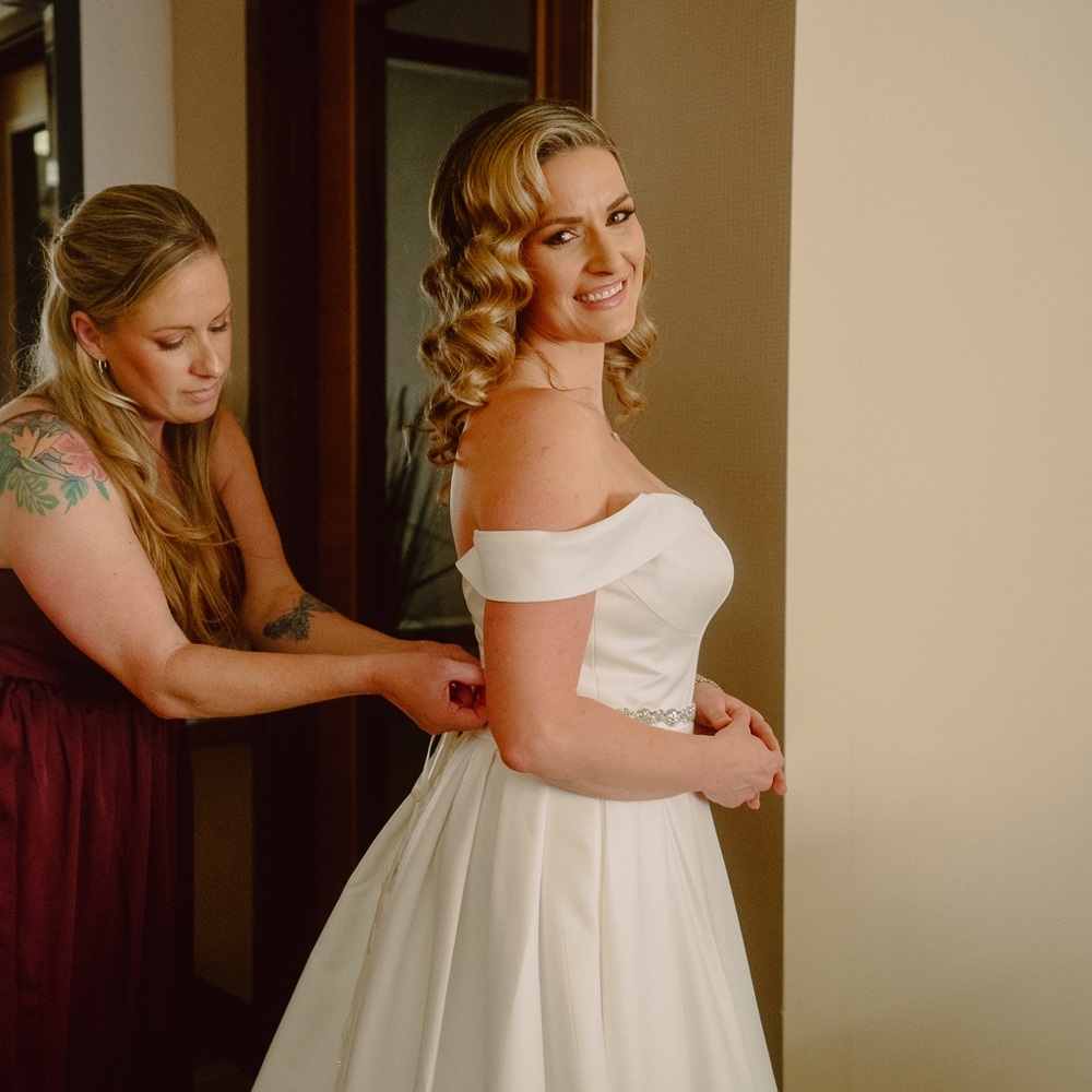 David’s Bridal off the shoulder satin ball gown wedding dress